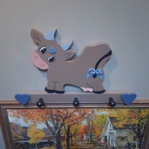 🐮 💙 🎀 Vintage 70s Original Homemade Cow Hat Hanger Decor Art Wood Painting 🔥